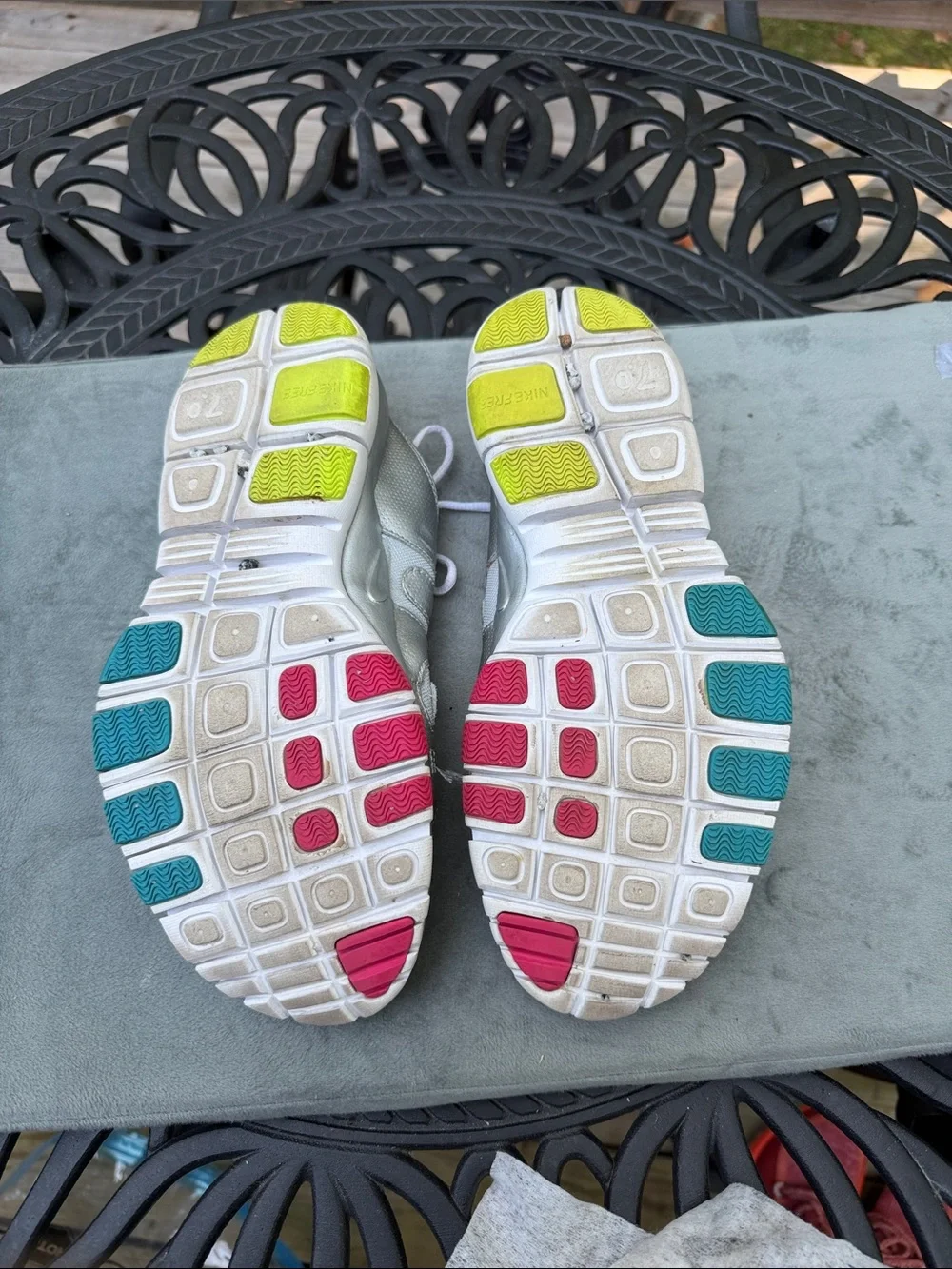 Nike Women's Silver Sneakers with Blue, Pink & Neon Yellow Accents